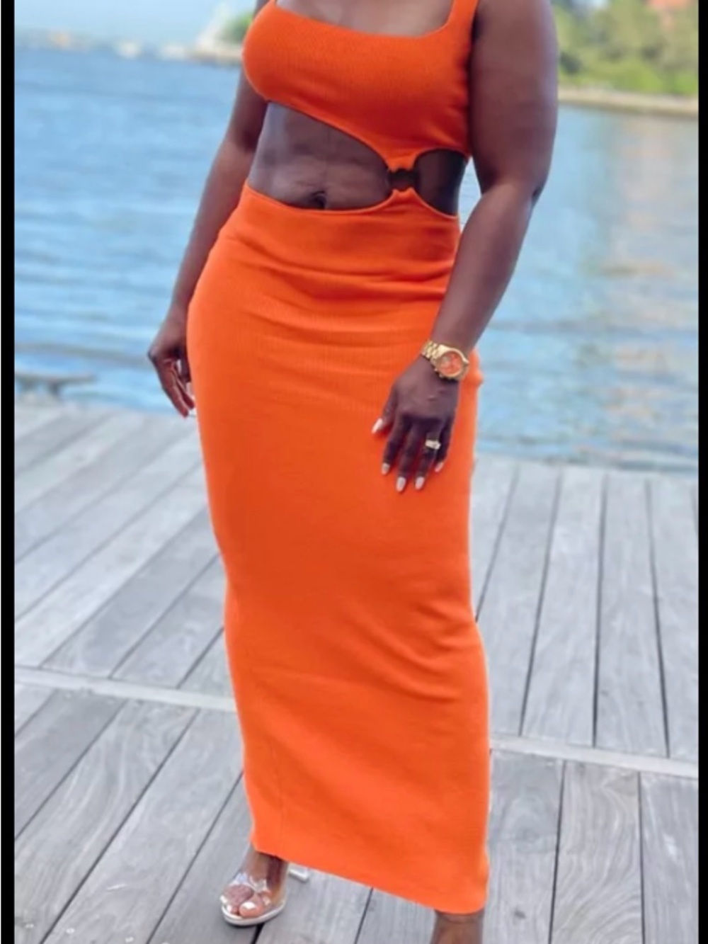 Orange Ribbed Maxi Dress - Women's Bodycon Pencil Dress